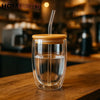 Double-Wall Glass Tumbler with Bamboo Lid & Glass Straw – 350ml