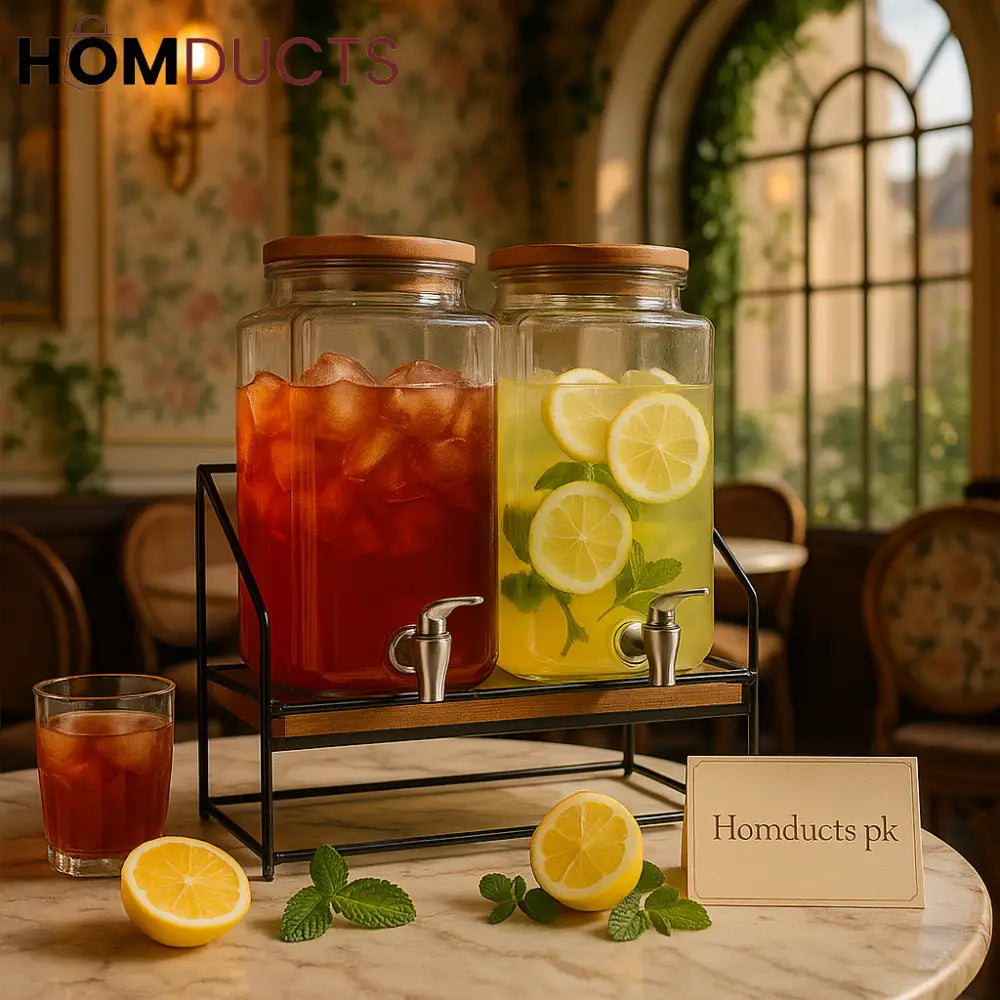 Dual-Chamber Glass Beverage Dispenser Set with Stand – Iced Tea & Lemonade Server