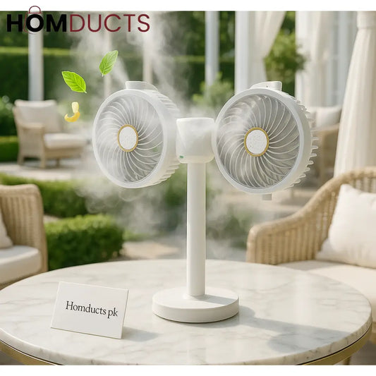 Dual-Head Aromatherapy Mist Fan – Portable & Rechargeable