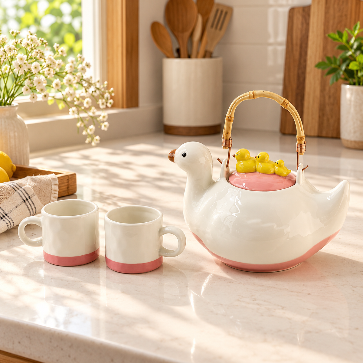 Cute duck ceramic teapot set with two matching cups