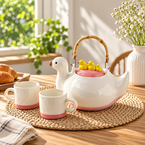 Duck-shaped ceramic teapot and two cups on breakfast table