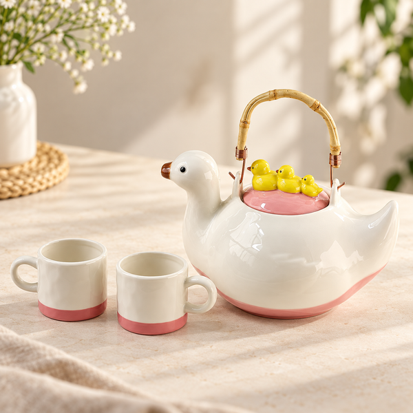 Premium duck ceramic teapot set with two matching cups