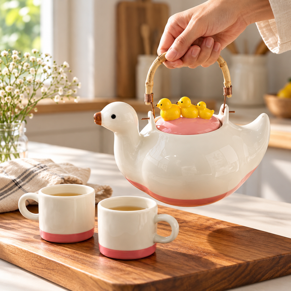 Duck ceramic teapot serving set with bamboo handle and two cups