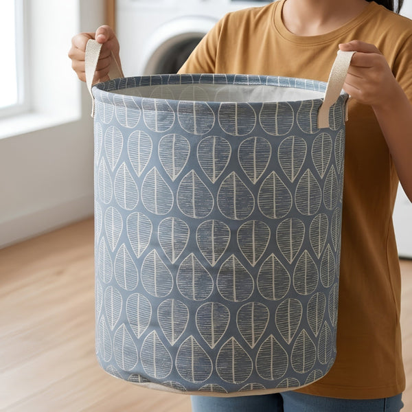 Large Foldable Fabric Laundry Basket with Handles – Grey Leaf Print, 35 × 45 cm