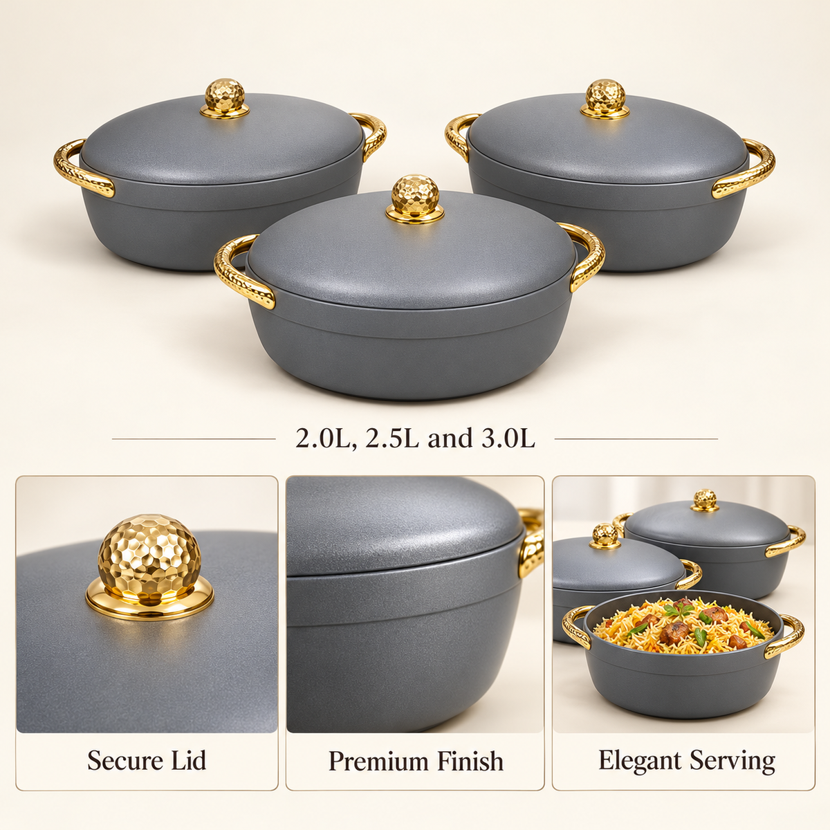 EC 200 Premium 3-Piece Hot Pot Set – Silver Textured Handle features and capacity details
