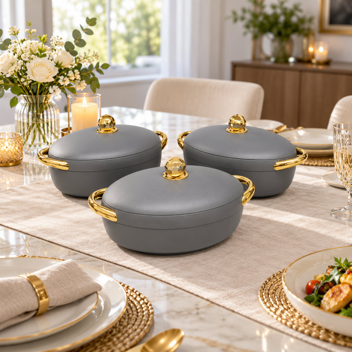 EC 200 Premium 3-Piece Hot Pot Set – Silver Textured Handle premium lifestyle view