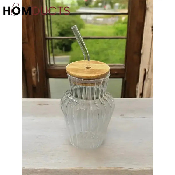 Eco-Friendly 450ml Ribbed & Plain Glass Tumbler with Bamboo Lid & Straw