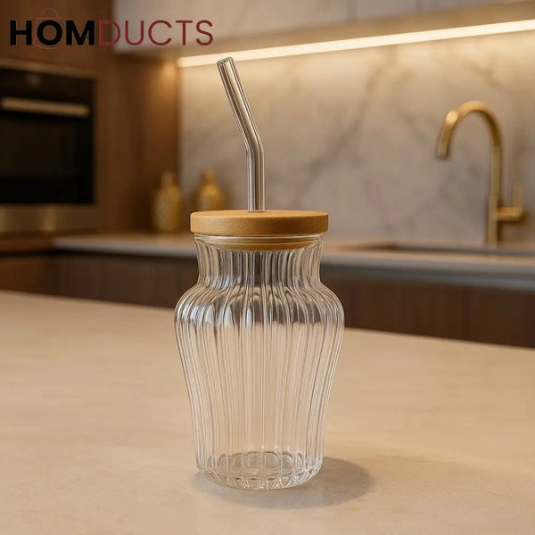 Eco-Friendly 450ml Ribbed & Plain Glass Tumbler with Bamboo Lid & Straw RIBBED