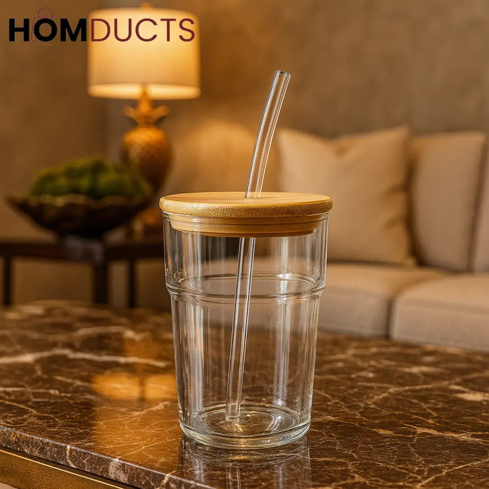 Eco-Friendly Glass Tumbler with Bamboo Lid & Straw – Reusable Drinkware Cup