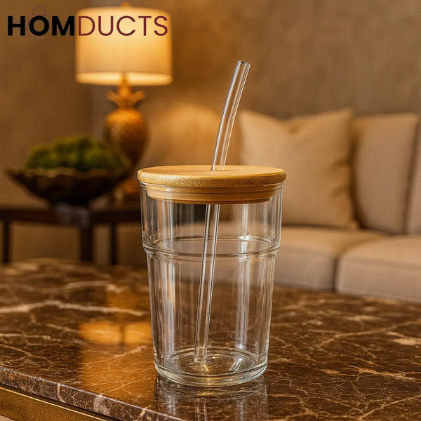 Eco-Friendly Glass Tumbler with Bamboo Lid & Straw – Reusable Drinkware Cup
