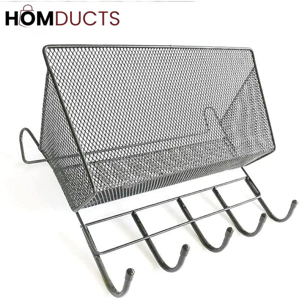Efficient Wall-Mount Iron Mesh Hanging Rack with Hooks - Versatile Storage Organizer