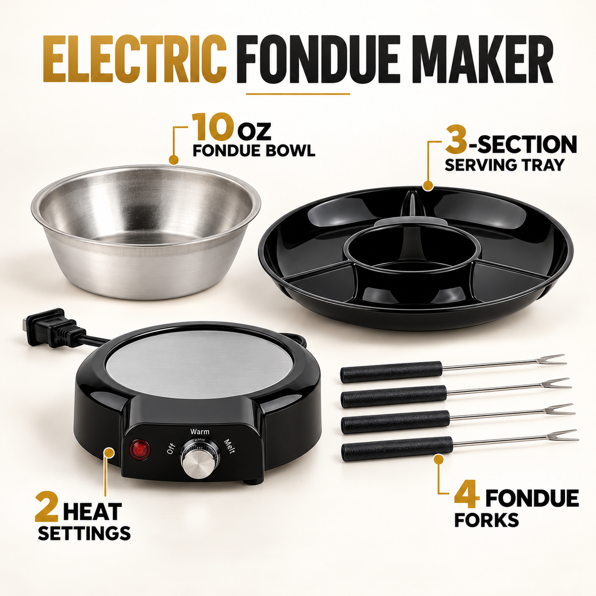 Electric fondue set parts and features