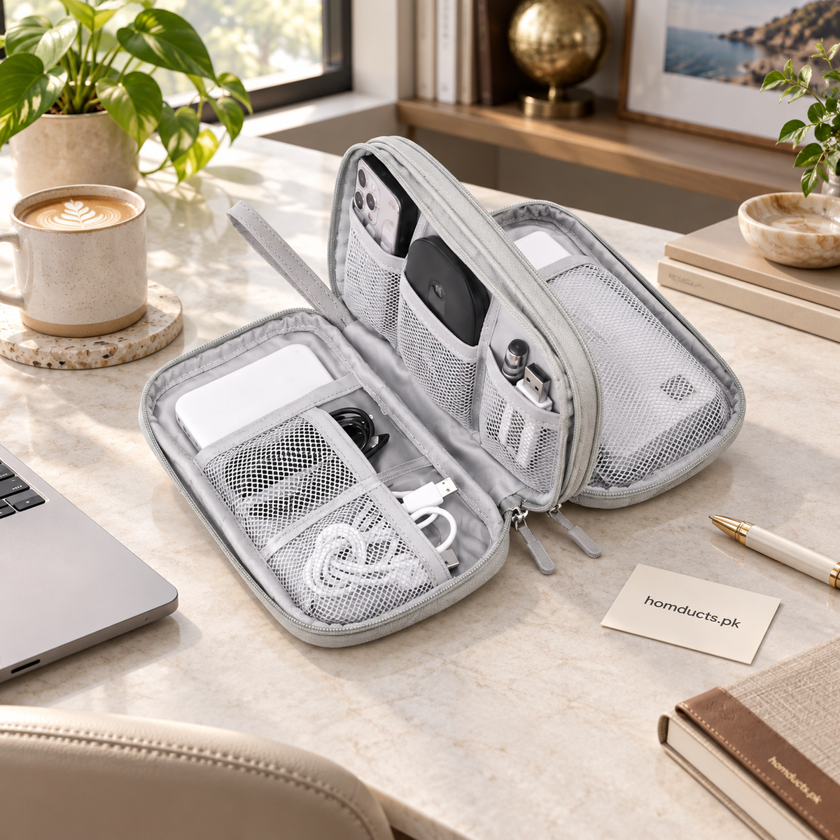 Grey water-resistant electronics organizer bag