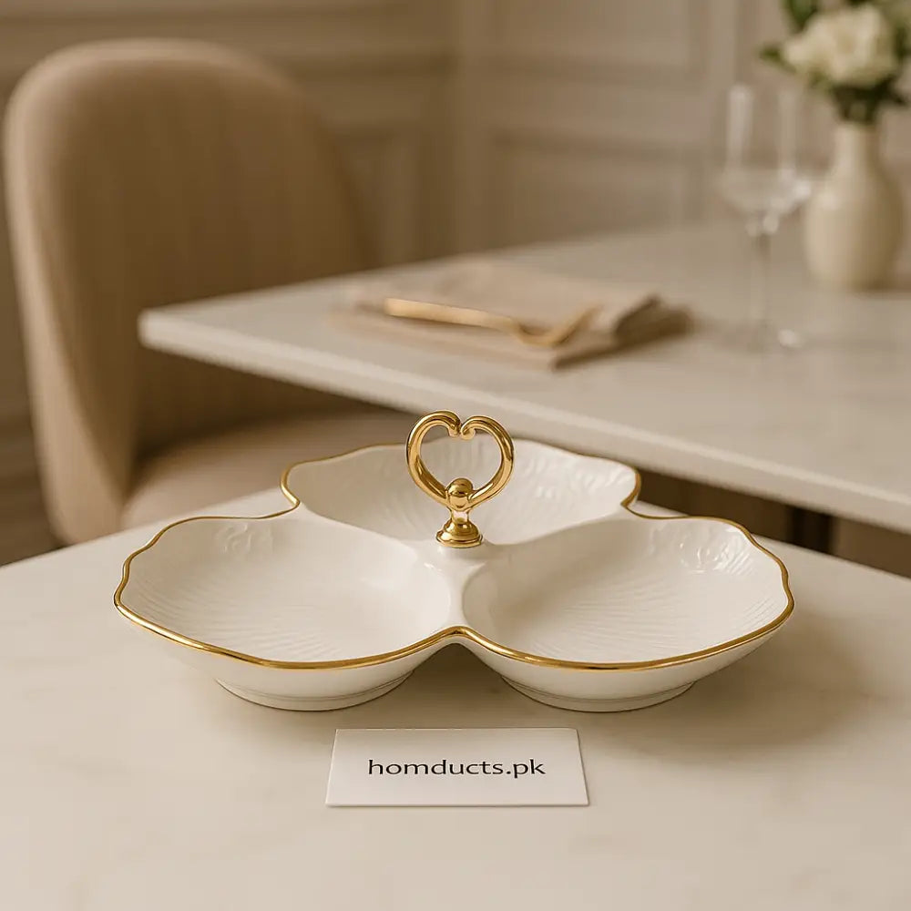 Elegant 3-Section Ceramic Serving Dish – White with Gold Trim & Handle