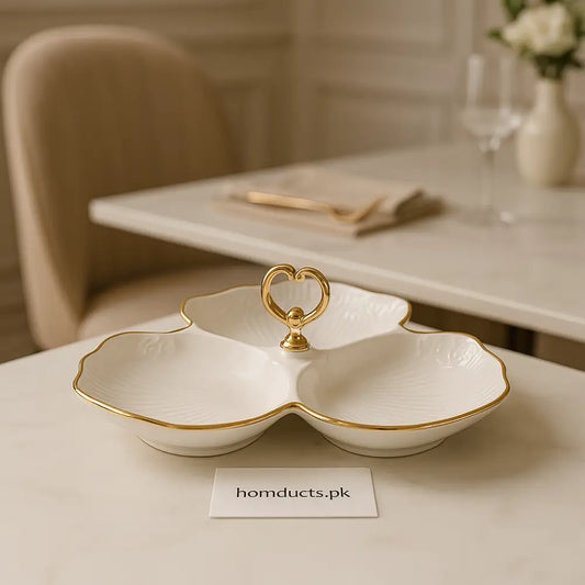 Elegant 3-Section Ceramic Serving Dish – White with Gold Trim & Handle