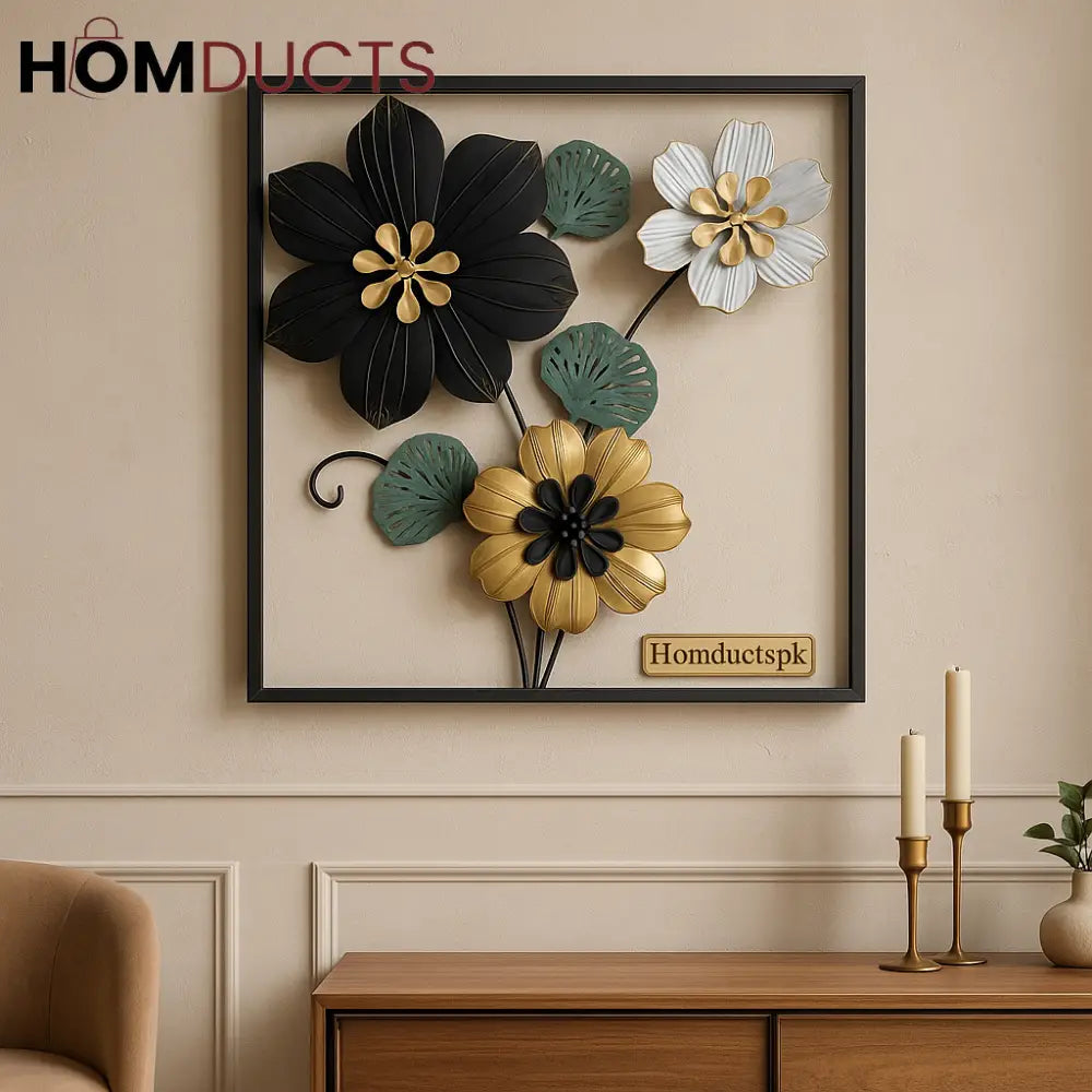 Elegant 3D Metal Floral Wall Art – Black Gold & White Blossom Frame