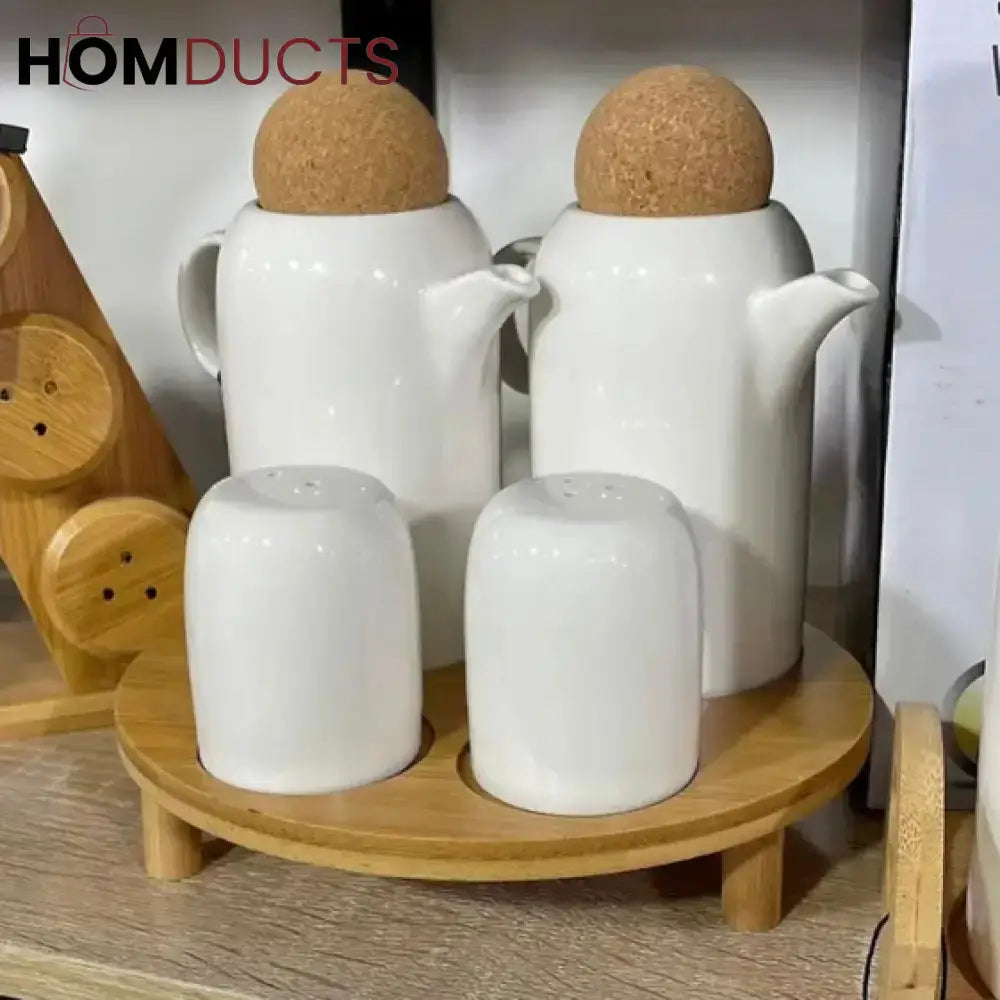 Elegant 4-Piece Condiment Serving Set with Wooden Stand | Perfect for Kitchen & Dining
