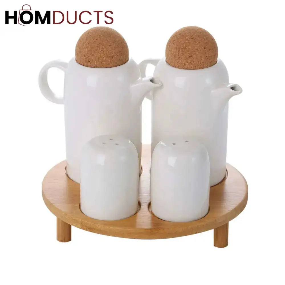 Elegant 4-Piece Condiment Serving Set with Wooden Stand | Perfect for Kitchen & Dining