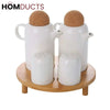 Elegant 4-Piece Condiment Serving Set with Wooden Stand | Perfect for Kitchen & Dining