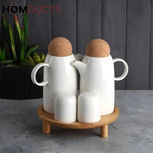 Elegant 4-Piece Condiment Serving Set with Wooden Stand | Perfect for Kitchen & Dining