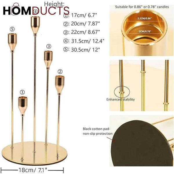 Elegant 5-Arm Gold Candlestick Holder - Table Centerpiece for Taper & LED Candles