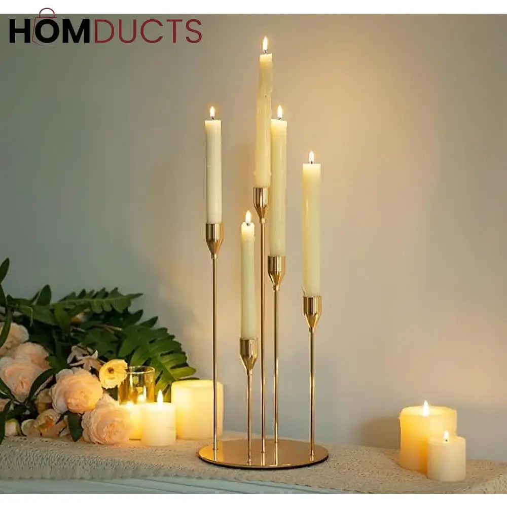 Elegant 5-Arm Gold Candlestick Holder - Table Centerpiece for Taper & LED Candles
