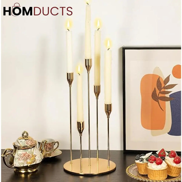 Elegant 5-Arm Gold Candlestick Holder - Table Centerpiece for Taper & LED Candles