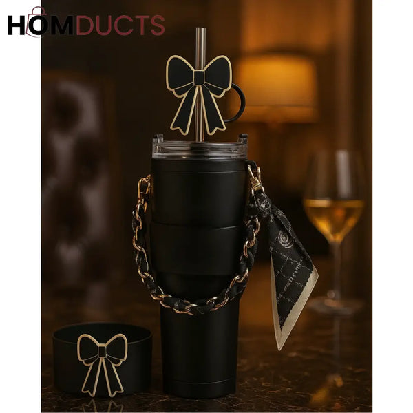 Elegant Black Tumbler Accessory Set – Bow Chain & Scarf Décor