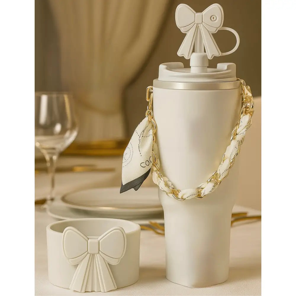 Elegant Bow Tumbler Accessory Set – Off-White Silicone with Chain & Scarf
