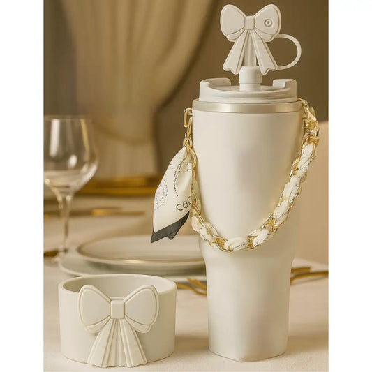 Elegant Bow Tumbler Accessory Set – Off-White Silicone with Chain & Scarf