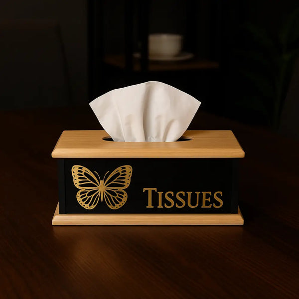Elegant Butterfly Wooden Tissue Box – Black & Gold