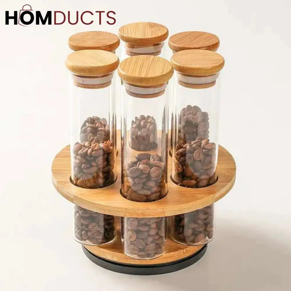 Elegant Cylinder Glass Jars with Wooden Stand - Kitchen & Pantry Storage