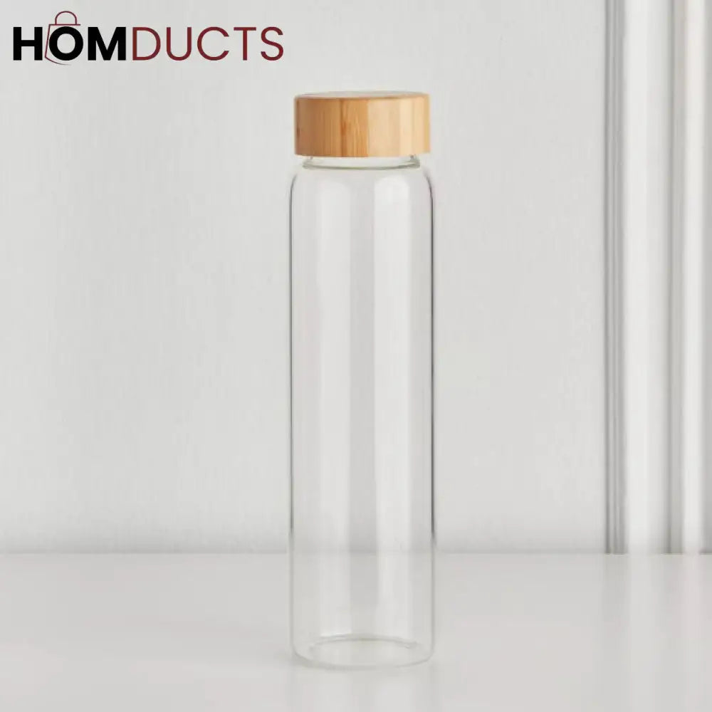 Elegant Cylindrical Glass Bottle with Stylish Wooden Lid - Perfect for Home & Office