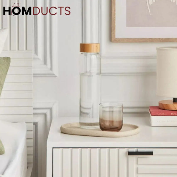 Elegant Cylindrical Glass Bottle with Stylish Wooden Lid - Perfect for Home & Office