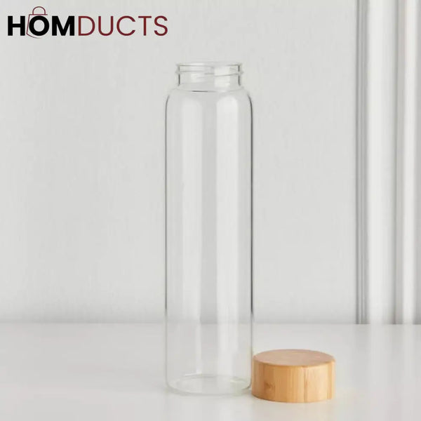 Elegant Cylindrical Glass Bottle with Stylish Wooden Lid - Perfect for Home & Office