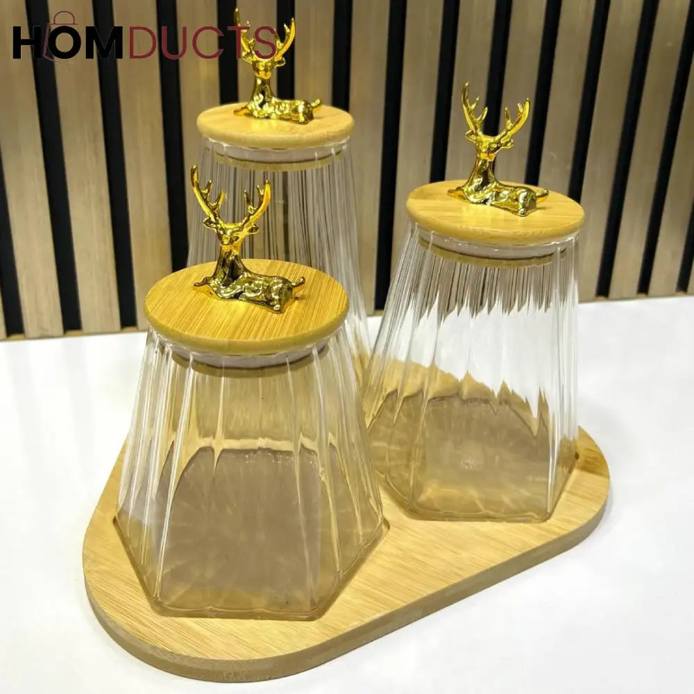 Elegant Deer Head Glass Storage Jars - 3-Piece Set with Wood Stand