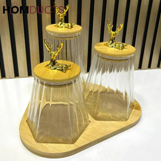 Elegant Deer Head Glass Storage Jars - 3-Piece Set with Wood Stand