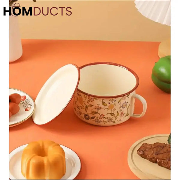Elegant Enamel Soup & Noodle Pot: Versatile Flower Ceramic Design