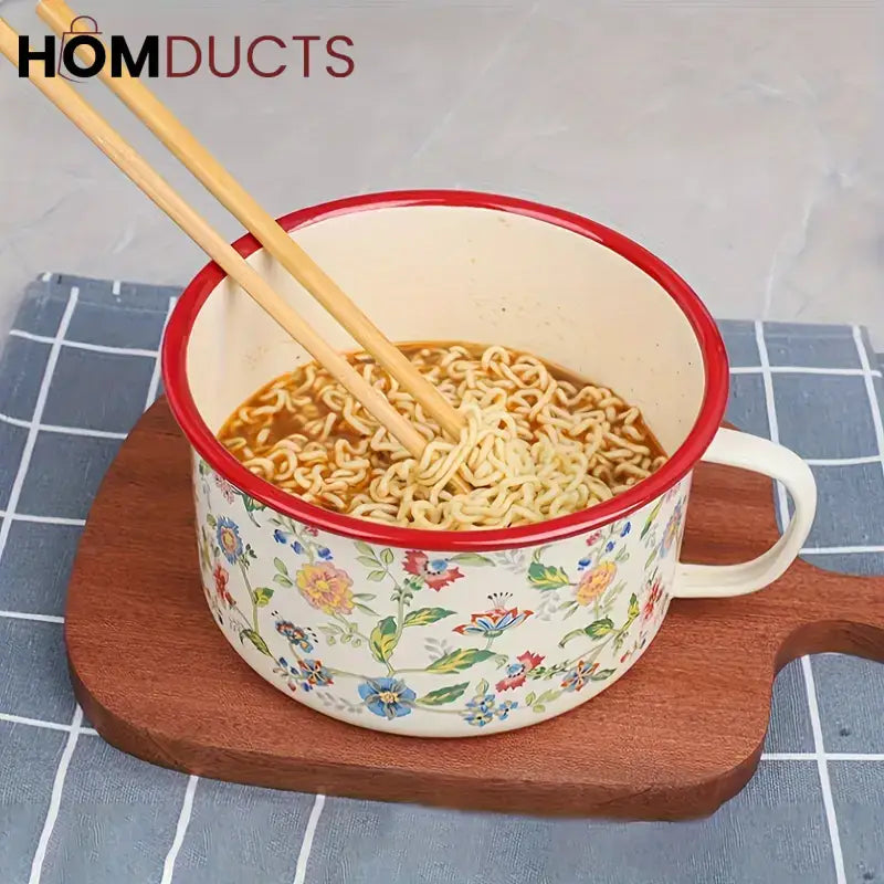 Elegant Enamel Soup & Noodle Pot: Versatile Flower Ceramic Design
