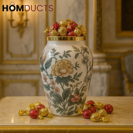 Elegant Floral Porcelain Candy Jar with Gold Rim