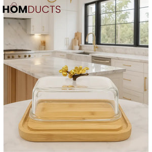 Elegant Glass Butter Dish with Bamboo Base – Floral Handle