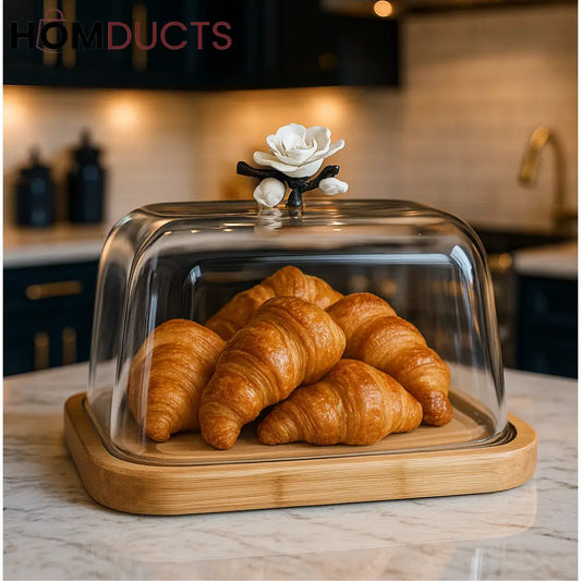 Elegant Glass Cloche with Bamboo Base & Floral Handle