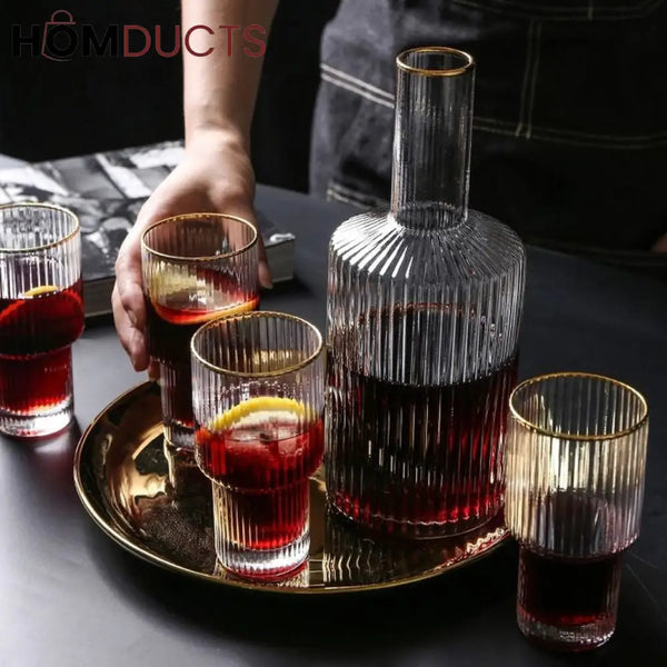 Elegant Glass Decanter Set with Gold Rim – 5-Piece Luxury Drinkware Set