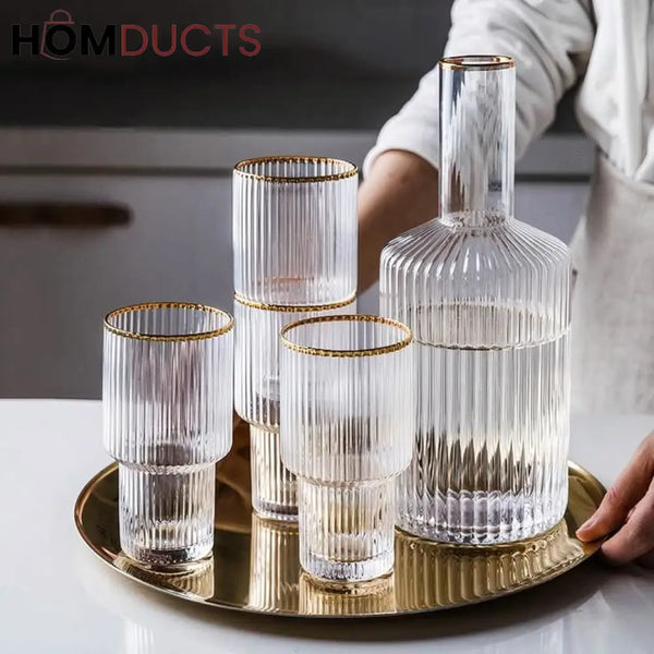 Elegant Glass Decanter Set with Gold Rim – 5-Piece Luxury Drinkware Set