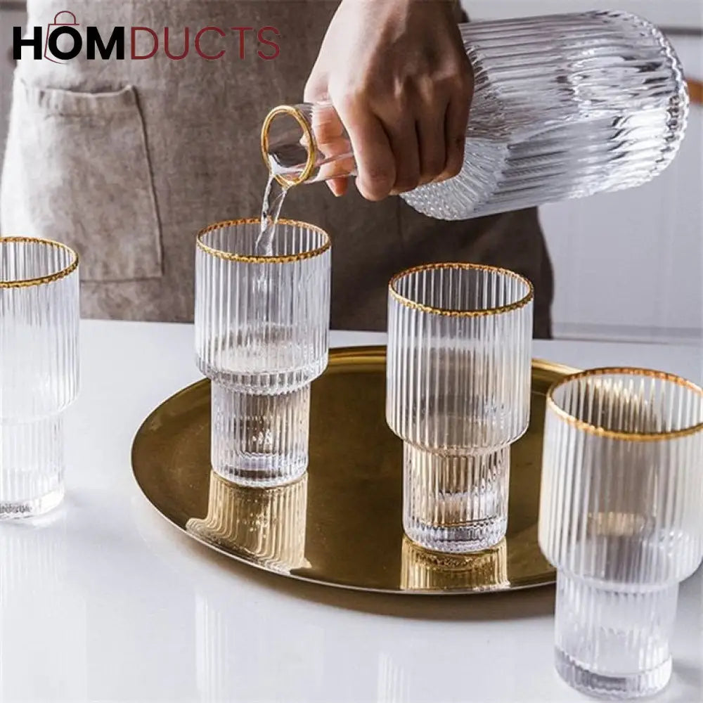 Elegant Glass Decanter Set with Gold Rim – 5-Piece Luxury Drinkware Set