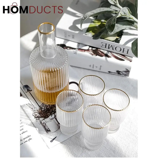 Elegant Glass Decanter Set with Gold Rim – 5-Piece Luxury Drinkware Set