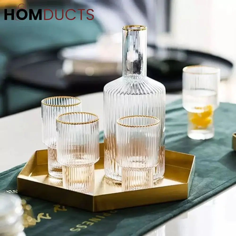 Elegant Glass Decanter Set with Gold Rim – 5-Piece Luxury Drinkware Set