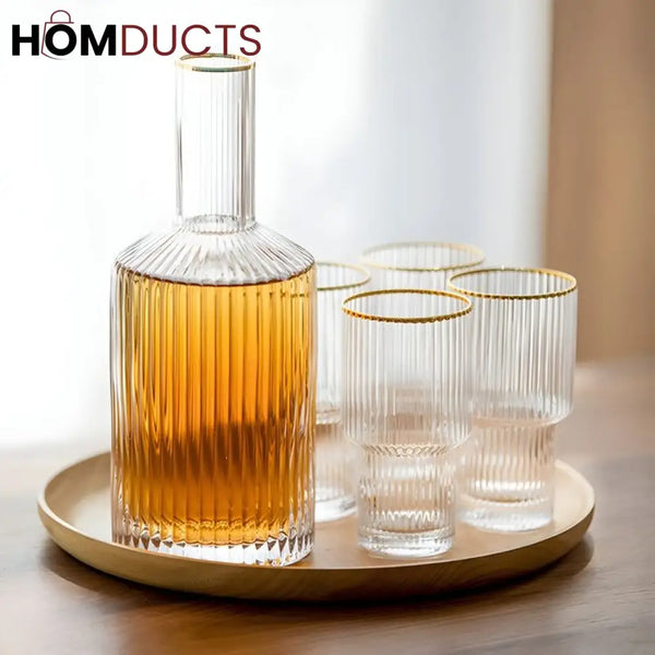 Elegant Glass Decanter Set with Gold Rim – 5-Piece Luxury Drinkware Set