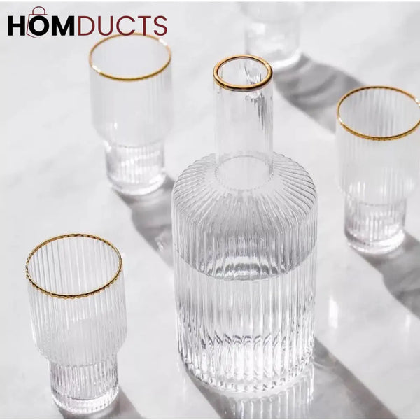 Elegant Glass Decanter Set with Gold Rim – 5-Piece Luxury Drinkware Set
