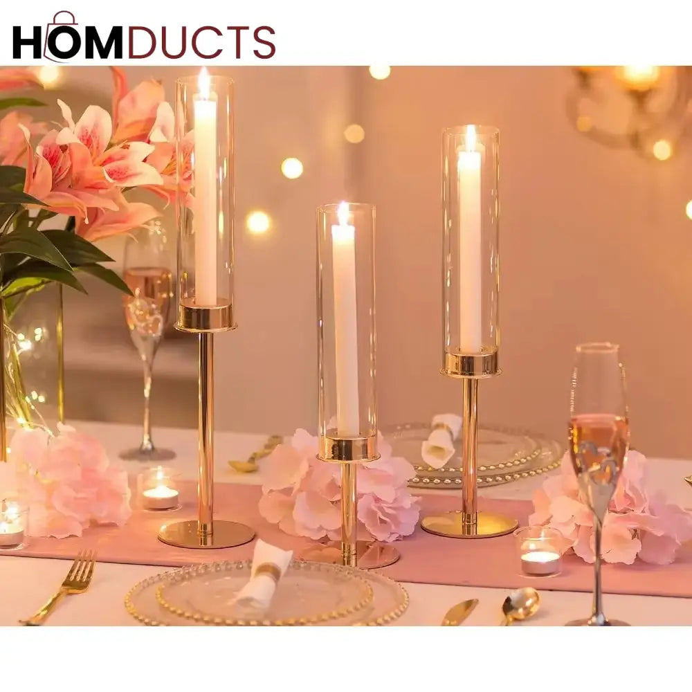 Elegant Gold Candlestick Holders for Home Decor | Set of 2 Glass Hurricane Candle Stands